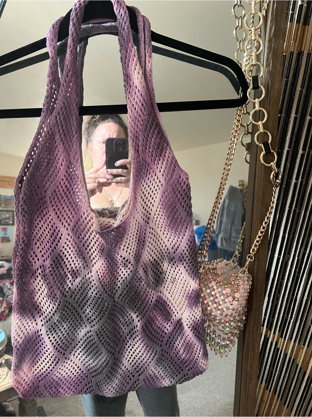 Hand-Knit Purple Ombre Mesh Tote Bag